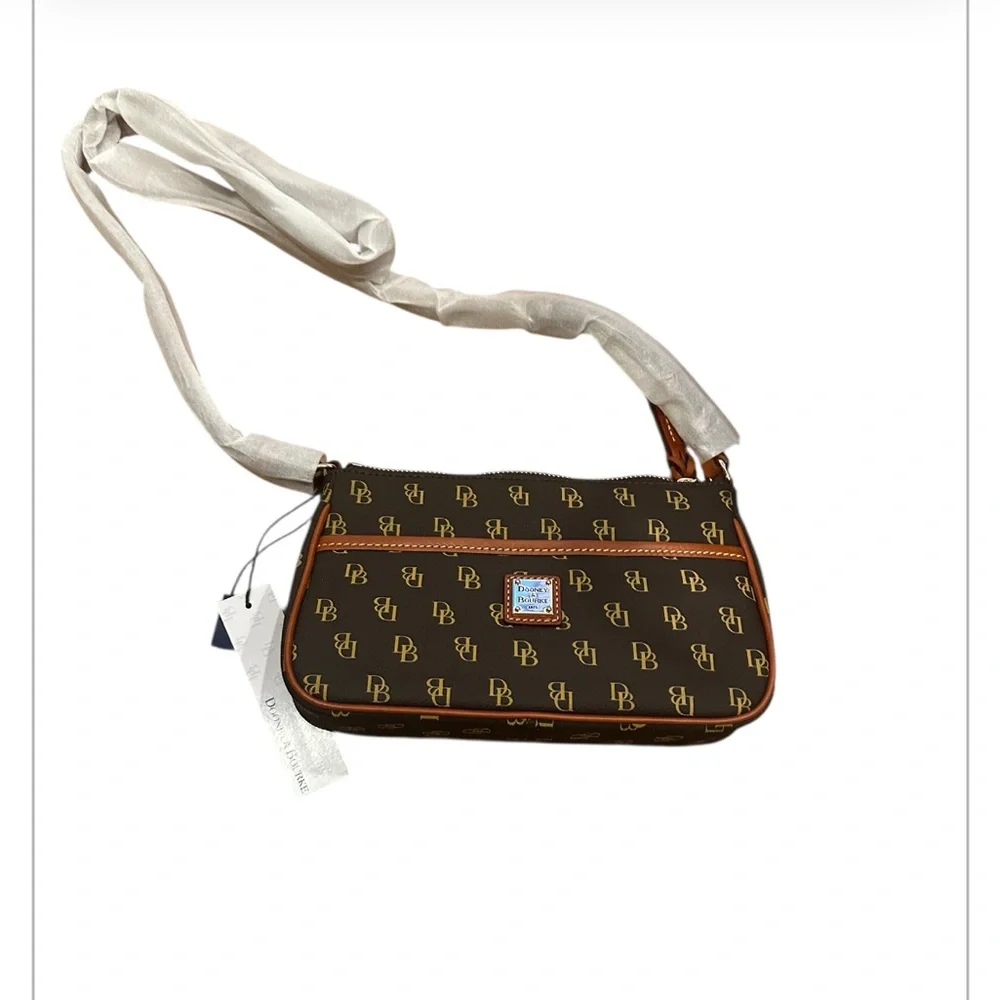 Dooney & Bourke Black and Tan Monogram Crossbody Bag 9x6 - Picture 1 of 8